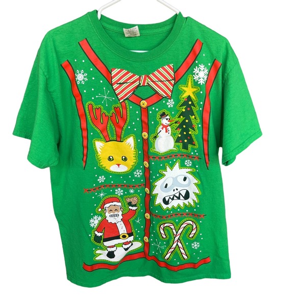 Dec 25 Other - Christmas Shirt Adult Large Green Faux Button Up Short Sleeve Santa Ugly Sweater